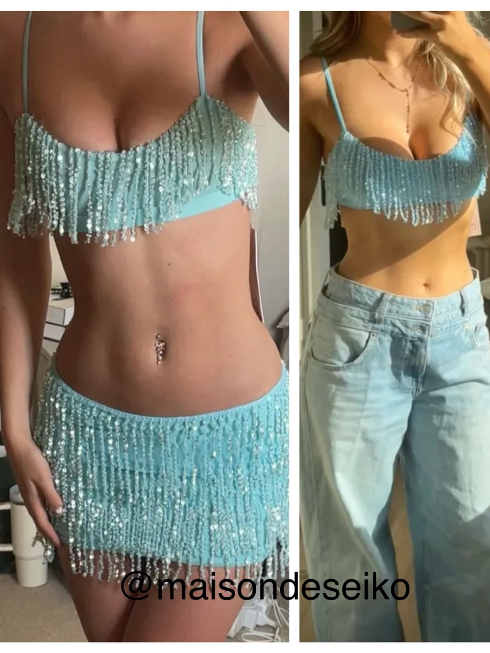 NWT Oh Polly Aqua Blue Fringe Beaded Bralette Top size US 4